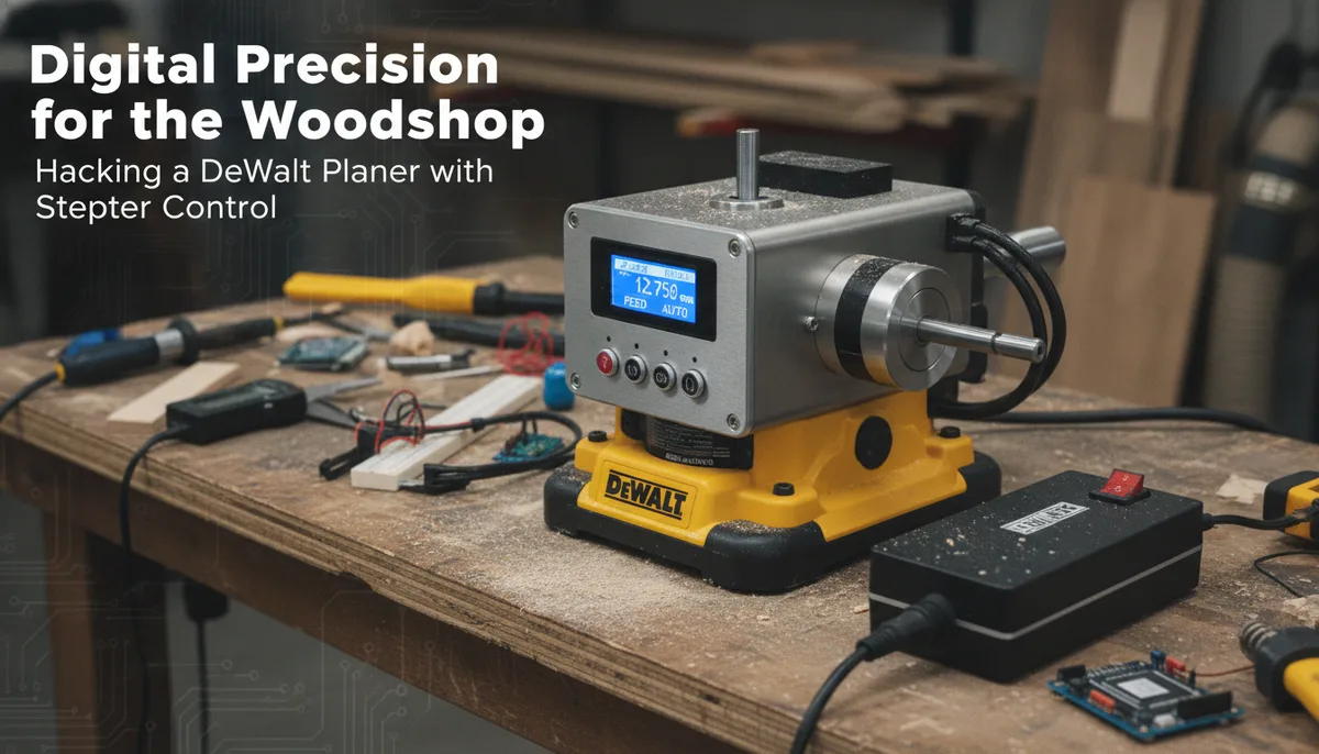 Digital Precision for the Woodshop: Hacking a DeWalt Planer with Stepper Control visual summary