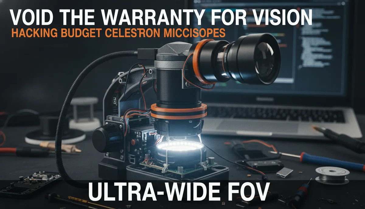 Voiding the Warranty for Vision: Hacking Budget Celestron Microscopes for Ultra-Wide FOV visual summary